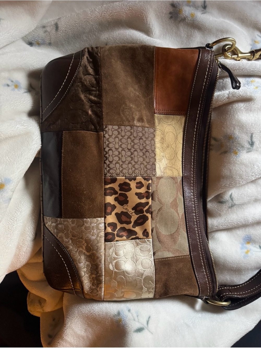 Brown Multi-Color Patchwork Coach Bag with Gold Zipper